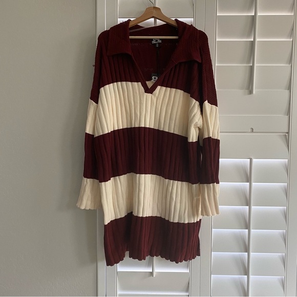 Future Collective Dresses & Skirts - Future Collective XXL Rugby Striped Burgundy and Cream Sweater Mini Dress